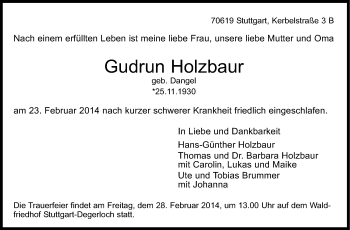 Traueranzeige von Gudrun Holzbaur von Stuttgarter Zeitung / Stuttgarter Nachrichten