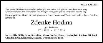 Traueranzeige von Zdenke Hodina von Stuttgarter Zeitung / Stuttgarter Nachrichten