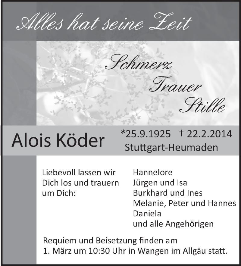  Traueranzeige für Alois Köder vom 25.02.2014 aus Stuttgarter Zeitung / Stuttgarter Nachrichten