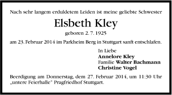 Traueranzeige von Elsbeth Kley von Stuttgarter Zeitung / Stuttgarter Nachrichten