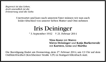 Traueranzeige von Iris Deininger von Stuttgarter Zeitung / Stuttgarter Nachrichten