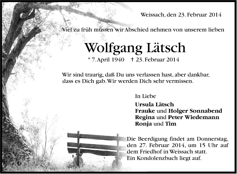  Traueranzeige für Wolfgang Lätsch vom 25.02.2014 aus Stuttgarter Zeitung / Stuttgarter Nachrichten