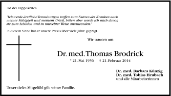 Traueranzeige von Thomas Brodrick von Stuttgarter Zeitung / Stuttgarter Nachrichten