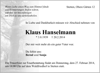 Traueranzeige von Klaus Hanselmann von Stuttgarter Zeitung / Stuttgarter Nachrichten
