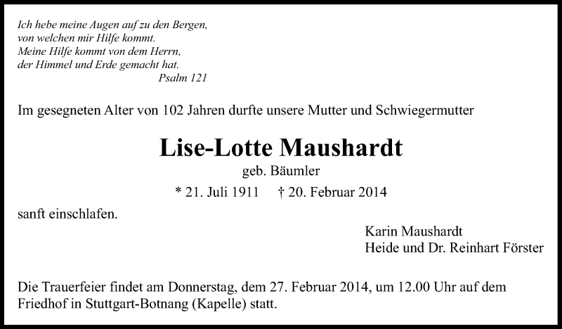  Traueranzeige für Lise-Lotte Maushardt vom 26.02.2014 aus Stuttgarter Zeitung / Stuttgarter Nachrichten