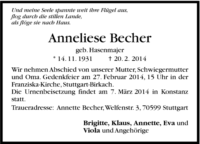  Traueranzeige für Anneliese Becher vom 25.02.2014 aus Stuttgarter Zeitung / Stuttgarter Nachrichten
