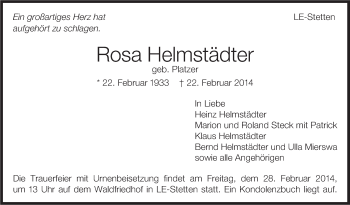 Traueranzeige von Rosa Helmstädter von Stuttgarter Zeitung / Stuttgarter Nachrichten