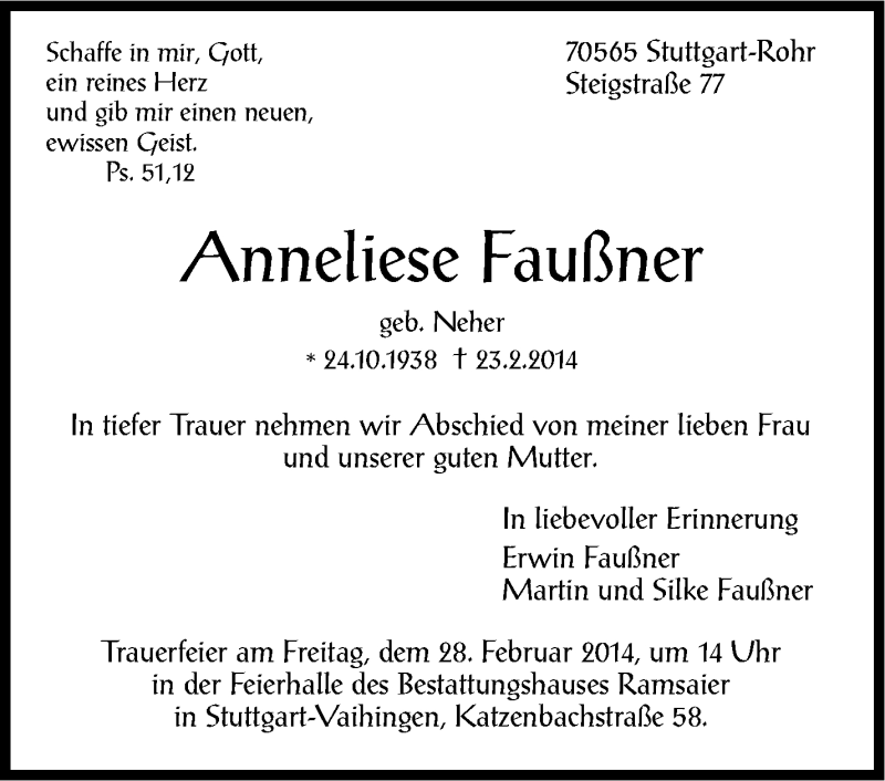  Traueranzeige für Anneliese Faußner vom 26.02.2014 aus Stuttgarter Zeitung / Stuttgarter Nachrichten