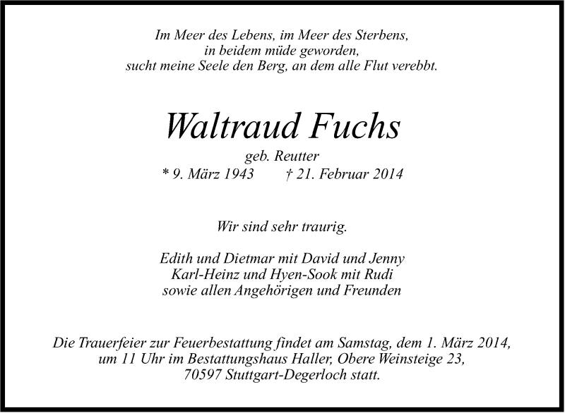  Traueranzeige für Waltraud Fuchs vom 27.02.2014 aus Stuttgarter Zeitung / Stuttgarter Nachrichten