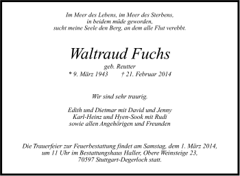 Traueranzeige von Waltraud Fuchs von Stuttgarter Zeitung / Stuttgarter Nachrichten