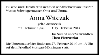 Traueranzeige von Anna Witczak von Stuttgarter Zeitung / Stuttgarter Nachrichten