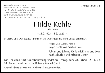 Traueranzeige von Hilde Kehle von Stuttgarter Zeitung / Stuttgarter Nachrichten
