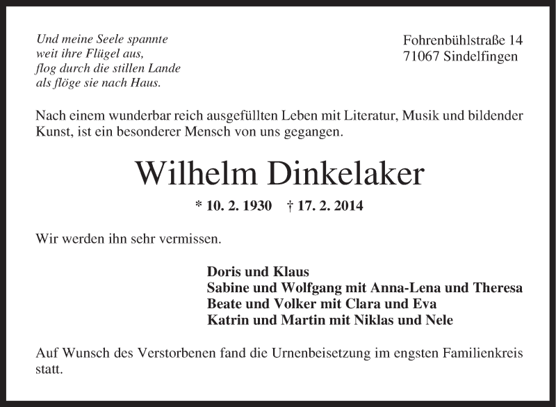  Traueranzeige für Wilhelm Dinkelaker vom 26.02.2014 aus Stuttgarter Zeitung / Stuttgarter Nachrichten