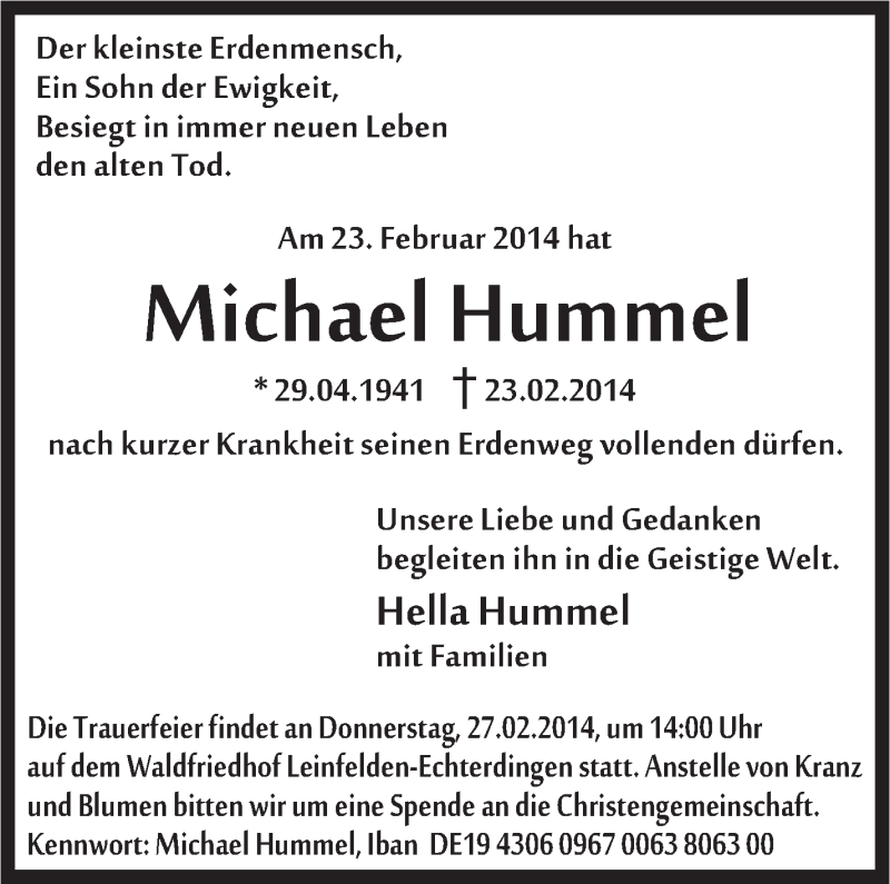  Traueranzeige für Michael Hummel vom 26.02.2014 aus Stuttgarter Zeitung / Stuttgarter Nachrichten