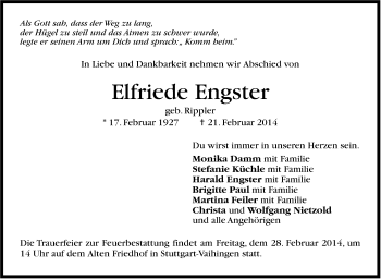 Traueranzeige von Elfriede Engster von Stuttgarter Zeitung / Stuttgarter Nachrichten
