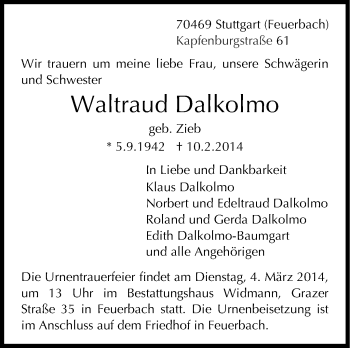 Traueranzeige von Waltraud Dalkolmo von Stuttgarter Zeitung / Stuttgarter Nachrichten