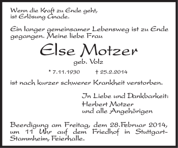 Traueranzeige von Else Motzer von Stuttgarter Zeitung / Stuttgarter Nachrichten
