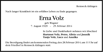 Traueranzeige von Erna Volz von Stuttgarter Zeitung / Stuttgarter Nachrichten