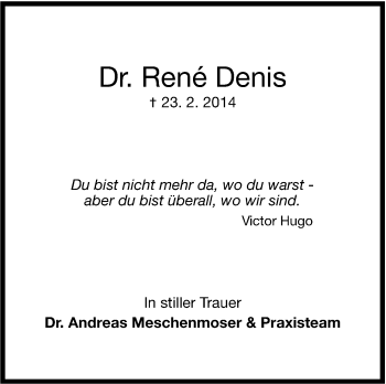 Traueranzeige von Rene Denis von Stuttgarter Zeitung / Stuttgarter Nachrichten