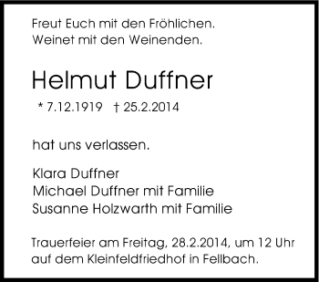 Traueranzeige von Helmut Duffner von Stuttgarter Zeitung / Stuttgarter Nachrichten