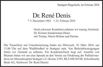 Traueranzeige von Rene Denis von Stuttgarter Zeitung / Stuttgarter Nachrichten