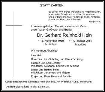 Traueranzeige von Gerhard Reinhold Hein von Stuttgarter Zeitung / Stuttgarter Nachrichten