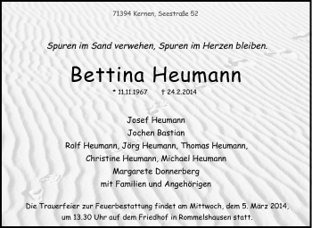 Traueranzeige von Bettina Heumann von Stuttgarter Zeitung / Stuttgarter Nachrichten