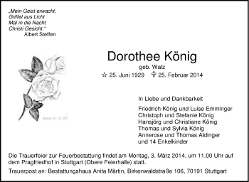 Traueranzeige von Dorothee König von Stuttgarter Zeitung / Stuttgarter Nachrichten