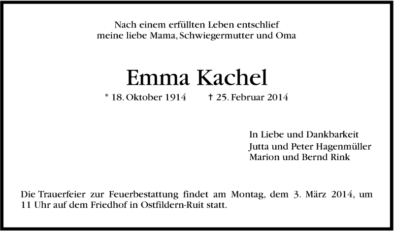  Traueranzeige für Emma Kachel vom 01.03.2014 aus Stuttgarter Zeitung / Stuttgarter Nachrichten