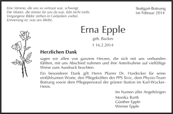 Traueranzeige von Erna Epple von Stuttgarter Zeitung / Stuttgarter Nachrichten