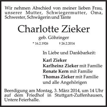 Traueranzeige von Charlotte Zieker von Stuttgarter Zeitung / Stuttgarter Nachrichten