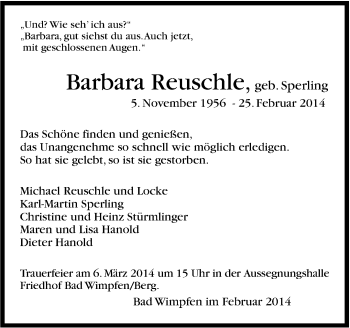 Traueranzeige von Barbara Reuschle von Stuttgarter Zeitung / Stuttgarter Nachrichten