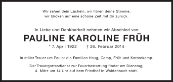 Traueranzeige von Pauline Karoline Früh von Stuttgarter Zeitung / Stuttgarter Nachrichten