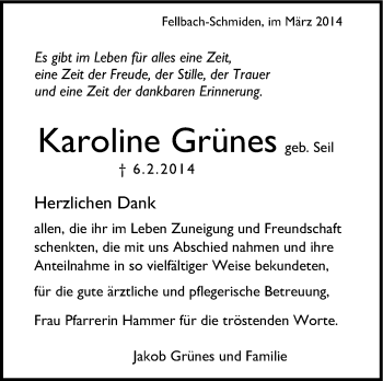 Traueranzeige von Karoline Grünes von Stuttgarter Zeitung / Stuttgarter Nachrichten