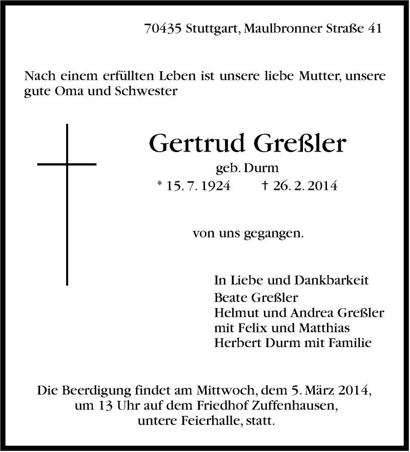  Traueranzeige für Gertrud Greßler vom 01.03.2014 aus Stuttgarter Zeitung / Stuttgarter Nachrichten