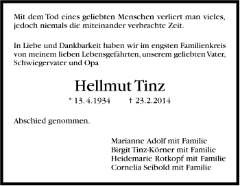 Traueranzeige von Hellmut Tinz von Stuttgarter Zeitung / Stuttgarter Nachrichten