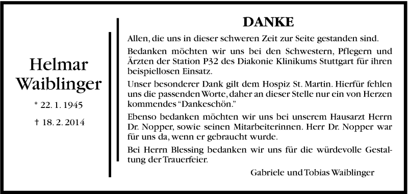  Traueranzeige für Helmar Waiblinger vom 03.03.2014 aus Stuttgarter Zeitung / Stuttgarter Nachrichten