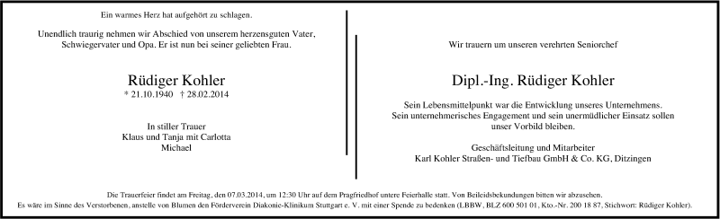  Traueranzeige für Rüdiger Kohler vom 04.03.2014 aus Stuttgarter Zeitung / Stuttgarter Nachrichten