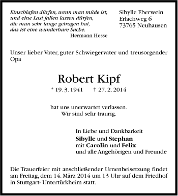 Traueranzeige von Robert Kipf von Stuttgarter Zeitung / Stuttgarter Nachrichten