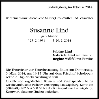 Traueranzeige von Susanne Lind von Stuttgarter Zeitung / Stuttgarter Nachrichten