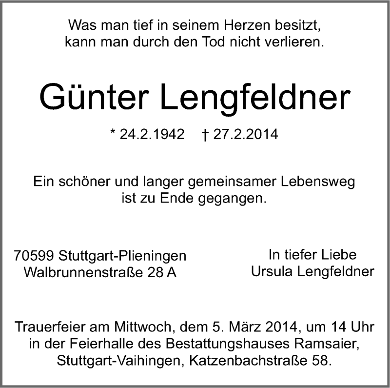  Traueranzeige für Günter Lengfeldner vom 01.03.2014 aus Stuttgarter Zeitung / Stuttgarter Nachrichten