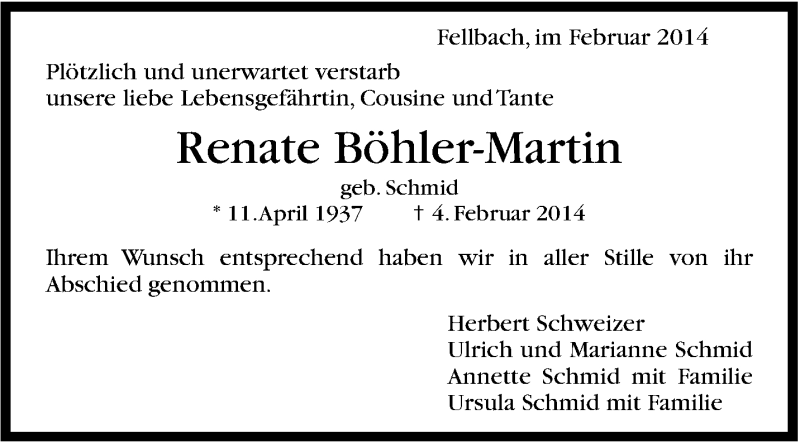  Traueranzeige für Renate Böhler-Martin vom 01.03.2014 aus Stuttgarter Zeitung / Stuttgarter Nachrichten