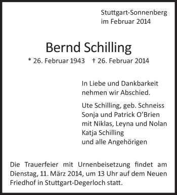 Traueranzeige von Bernd Schilling von Stuttgarter Zeitung / Stuttgarter Nachrichten