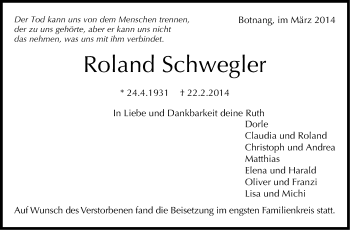 Traueranzeige von Roland Schwegler von Stuttgarter Zeitung / Stuttgarter Nachrichten