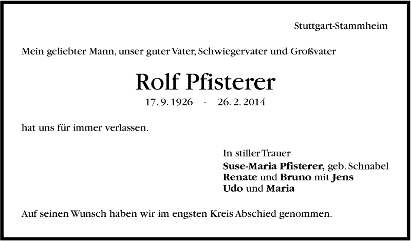  Traueranzeige für Rolf Pfisterer vom 07.03.2014 aus Stuttgarter Zeitung / Stuttgarter Nachrichten