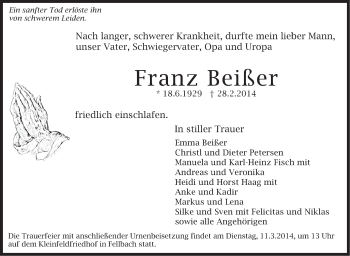 Traueranzeige von Franz Beißer von Stuttgarter Zeitung / Stuttgarter Nachrichten