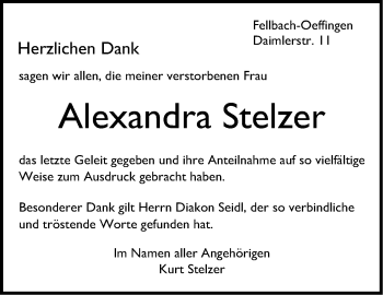 Traueranzeige von Alexandra Stelzer von Stuttgarter Zeitung / Stuttgarter Nachrichten