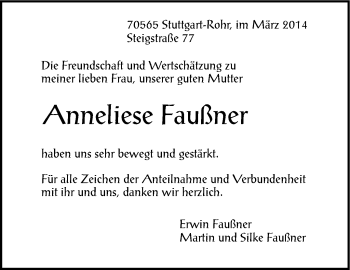 Traueranzeige von Anneliese Faußner von Stuttgarter Zeitung / Stuttgarter Nachrichten