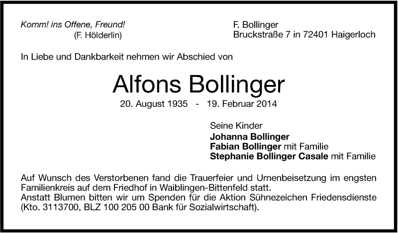  Traueranzeige für Alfons Bollinger vom 13.03.2014 aus Stuttgarter Zeitung / Stuttgarter Nachrichten