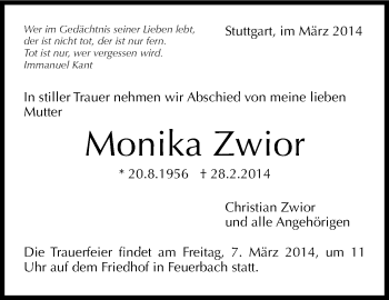 Traueranzeige von Monika Zwior von Stuttgarter Zeitung / Stuttgarter Nachrichten